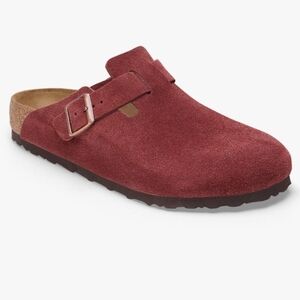 Burkenstocks Boston Red Suede Soft Foodbed Slip-On Clogs, Size Women's 6 & 9US